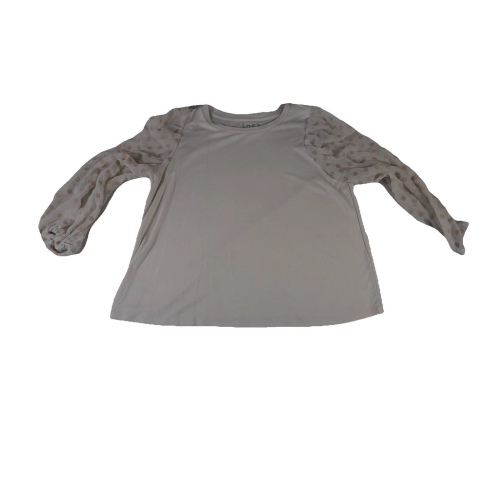 LOFT Top Womens Medium Cream Stretch Sheer Polka Dot Long Puff Sleeve Crew Neck